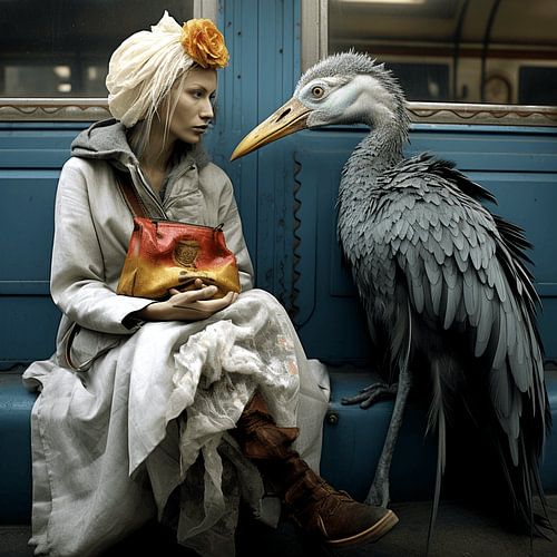 Shabby Chic Antropomorfe vrouw vogel gesprek ontmoeting surrealistisch