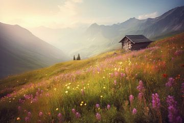Berghut in een bergweide vol bloemen van Studio Allee