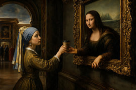 Mona Lisa bekommt Kaffee vom Mädchen mit der Perle von Peter Pen Zeichnungen und Gemälde