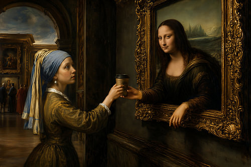 Mona Lisa Is Offered a Cup of Coffee by the Girl with a Pearl Earring