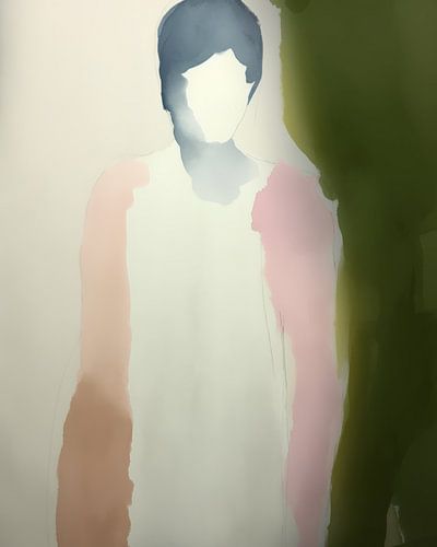 Modern abstract portrait in pastel colours with contrasting greens by Carla Van Iersel