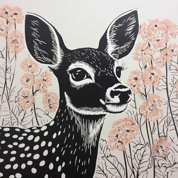 Lino print deer with antlers by Bianca ter Riet on canvas, poster,  wallpaper and more