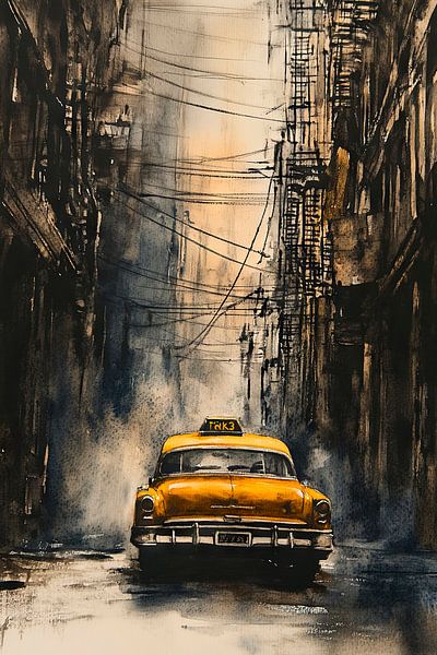 Gelbes Taxi in nebliger Stadtstraße von Poster Art Shop