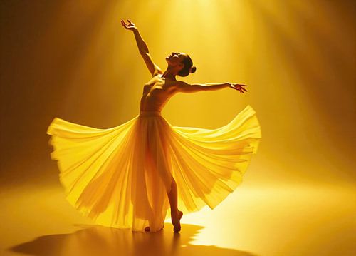 Jonge sierlijke ballerina dansend in gele jurk en gouden hert