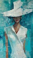 Woman in white dress and hat abstract standing panorama