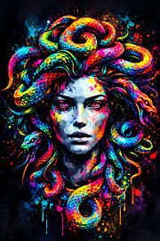 Medusa in a neon splash style – an abstract mythological wall mural featuring vibrantly coloured snakes by ButterflyPix