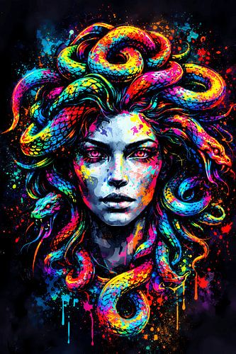 Medusa in neon-splash-stijl – Abstracte muurschildering met mythologische motieven en kleurrijke slangen