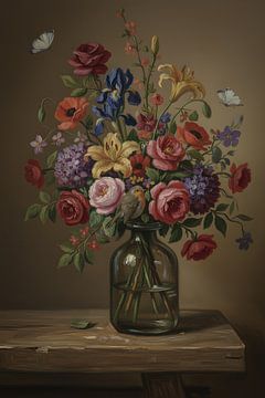 Nature morte avec fleurs et rouge-gorge