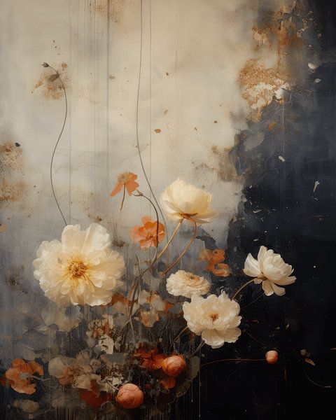 Bloemen tegen een abstracte achtergrond in wabi-sabi stijl van Carla Van Iersel