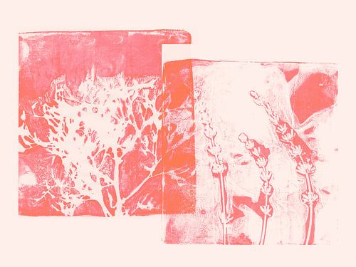 Minimalistische, abstracte botanische kunst in roze en oranje. Bloemen en bladeren