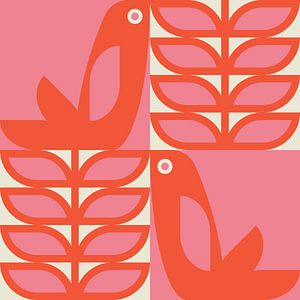 Rétro scandinave. Oiseaux et feuilles en rose, rouge et blanc cassé. sur Dina Dankers
