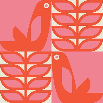 Skandinavisches Retro. Vögel und Blätter in Rosa, Rot und Off-White von Dina Dankers