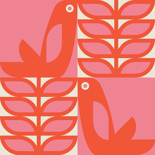 Scandinavisch retro. Vogels en bladeren in roze, rood en gebroken wit