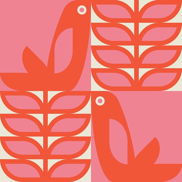 Scandinavian retro. Birds and leaves in pink, red and off white by Dina Dankers