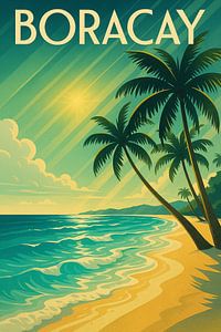 Boracay Paradise Waves - Art Deco Tropical Beach Poster