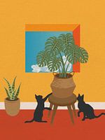 Minimal art of a cat playing with a monstera plant in a room