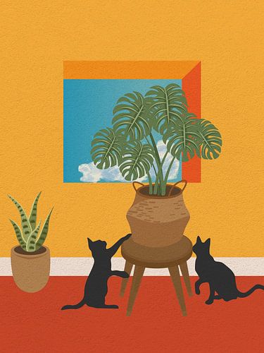 Minimal art van een kat spelend met een monstera plant in een kamer