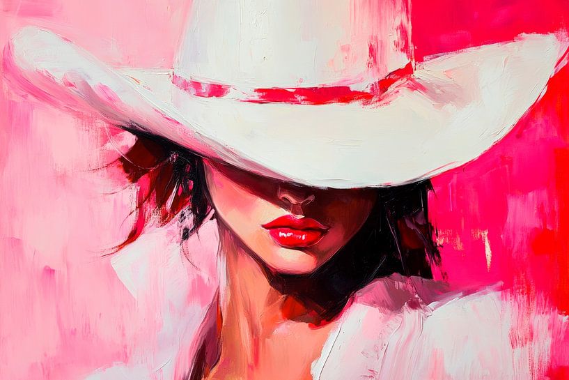 Woman in white hat in front of pink background by Poster Art Shop