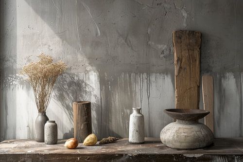 Stilleven met hout & beton in landelijke stijl