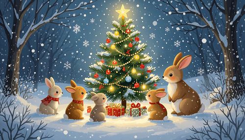 Bunnies around the Christmas tree
