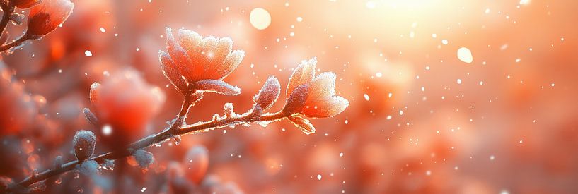 Frostbedeckte Magnolienblüten mit fallendem Schnee von de-nue-pic