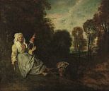 Avondlandschap met Spinster, Jean Antoine Watteau van Meesterlijcke Meesters thumbnail