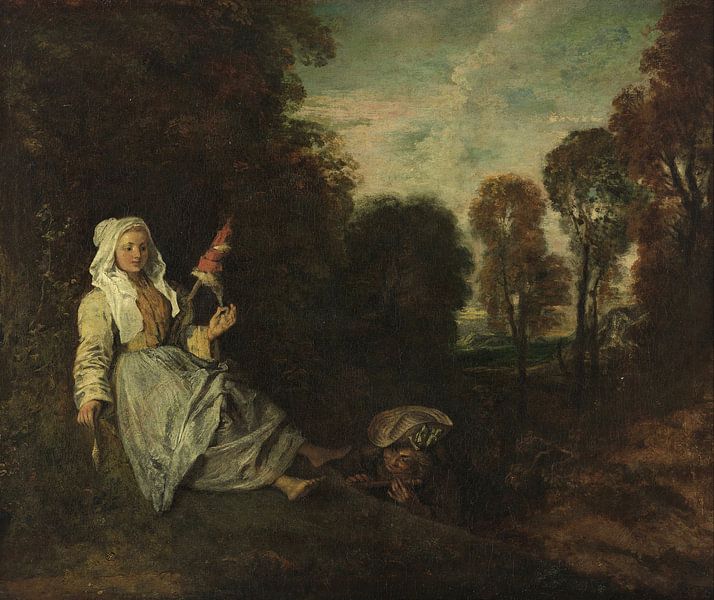 Avondlandschap met Spinster, Jean Antoine Watteau van Meesterlijcke Meesters