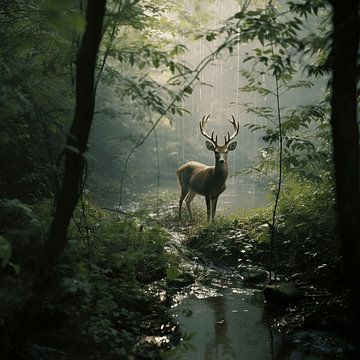 Soothing Rain Melody - The Deer in the Enchanted Rainforest Oasis by Karina Brouwer
