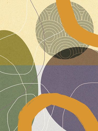 Abstracte Geometrische Organische Vormen en Lijnen in Groen, Paars, Geel