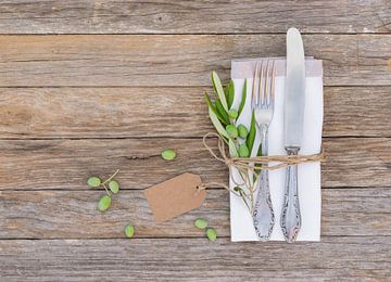 Mediterranean table setting with cutlery, napkin, olive branch decoration by Alex Winter