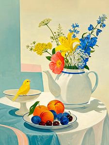 Sommerliches Stillleben mit Sommerobst, einem Strauß frisch gepflückter Blumen und einem gelben Kanarienvogel