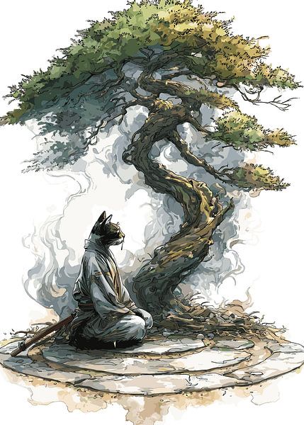 Meditierende Samurai-Katze unter Bonsai von Pixelbull Design