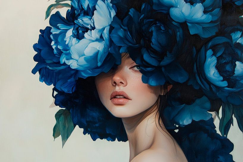 Frau mit blühendem Blumenkranz in Blau von Poster Art Shop