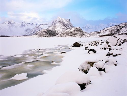 Winterlandschap met bevroren meer en bergen aan de horizon, Lofoten, Noorwegen
