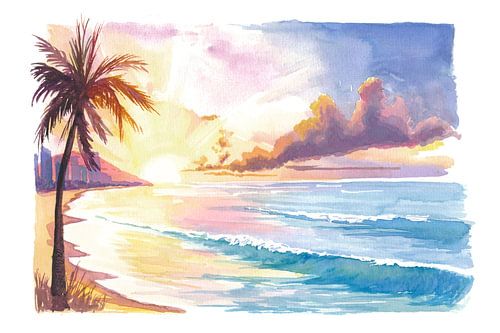 Romantique Waikiki Hawaii plage rêves scène de coucher de soleil