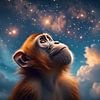 Ein nachdenklicher Orang-Utan blickt nach oben in einen sternenklaren Nachthimmel von pungky setiawan