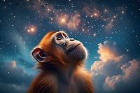 A thoughtful orangutan gazes upwards at a starry night sky fille