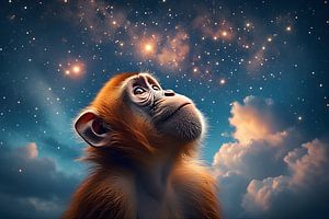 Ein nachdenklicher Orang-Utan blickt nach oben in einen sternenklaren Nachthimmel