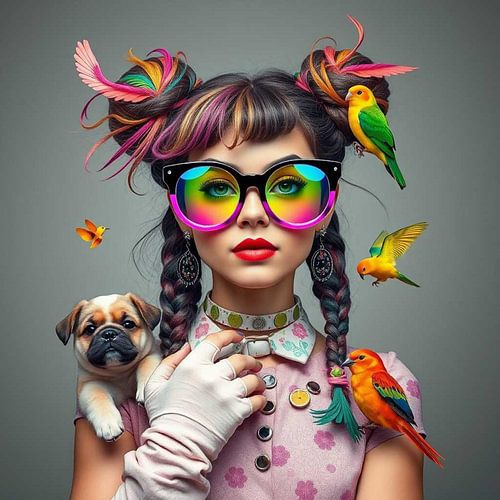Colorful Dreamer – surrealistisch portret met vogels en puppy