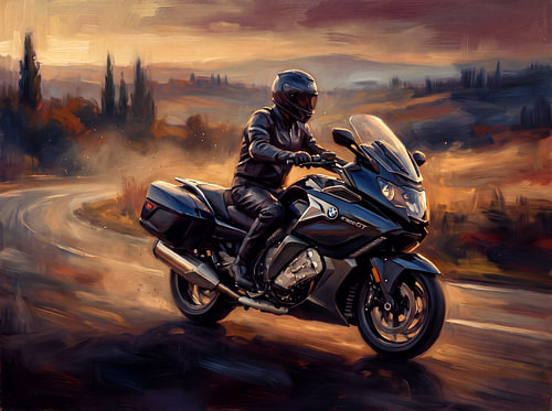La BMW K 1600 GT file vers le coucher de soleil toscan