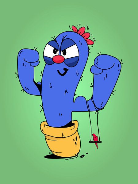 Cactus de dessin animé avec un oiseau sur une balançoire par Kelly R Hayes