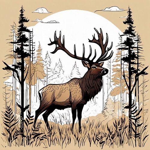 Moose or Deer in the Forest - Stylish Nature Illustration