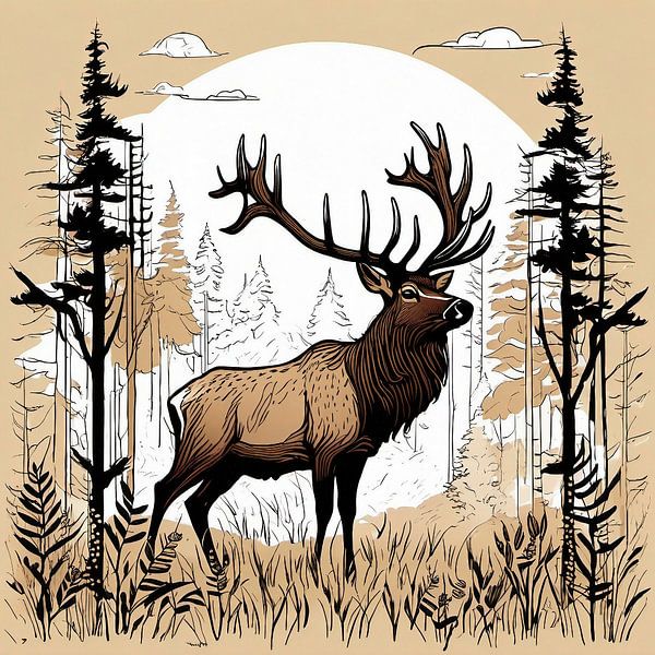 Elche oder Hirsche im Wald - Stilvolle Naturillustration von DesignByDessie