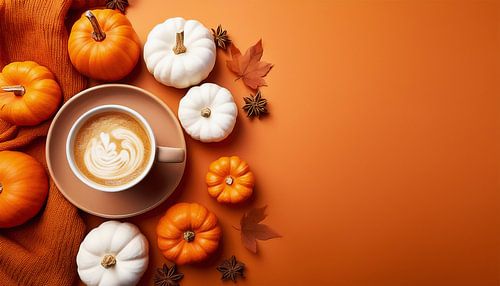 Pompoenen en cappuccino met oranje kleur voor de herfst