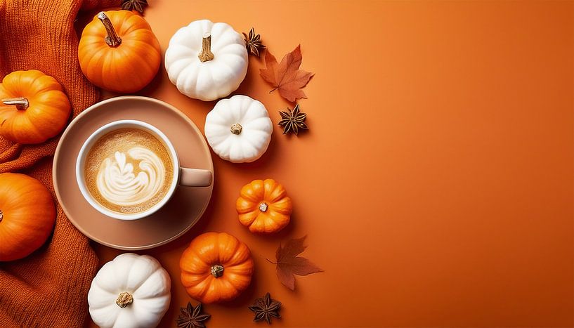 Pumpkins and cappuccino with orange colour for autumn by Mustafa Kurnaz