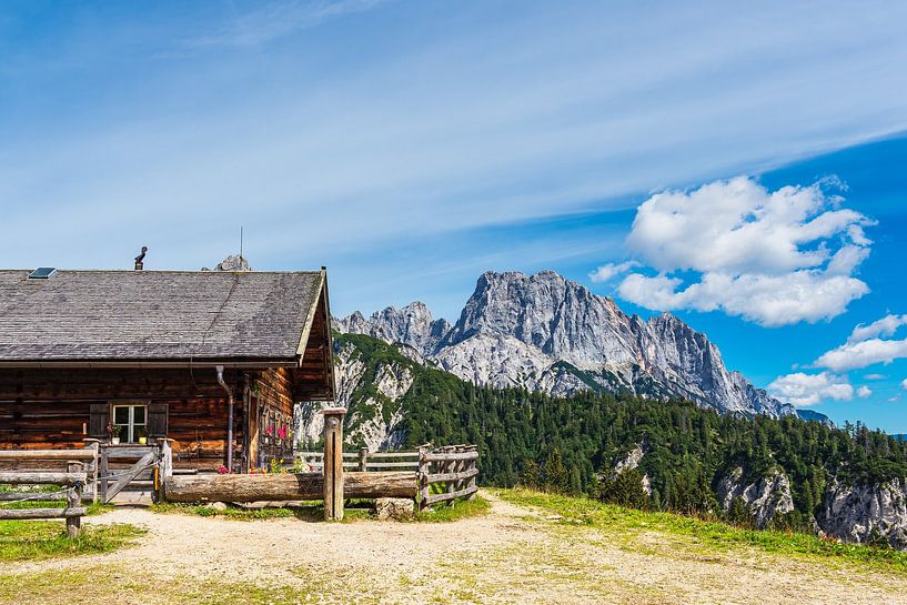 Blick auf die Litzlalm mit Hütte in den Alpen in Österreich von Rico Ködder