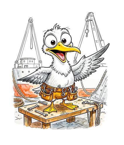Oiseau de bande dessinée travaillant dans un chantier naval