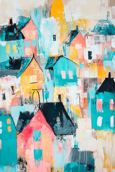 Colourful house landscape in watercolour style by Poster Art Shop