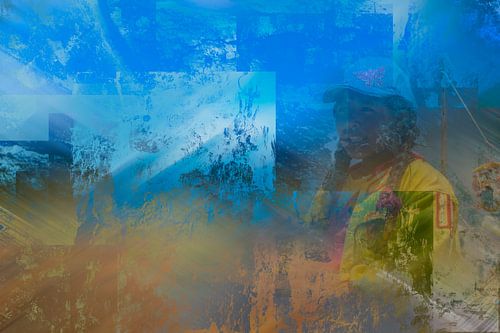 Abstract portret van Peruaans meisje in geel en blauw