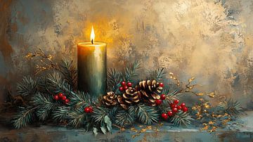 Candle Pine Branch Red Berries Gold